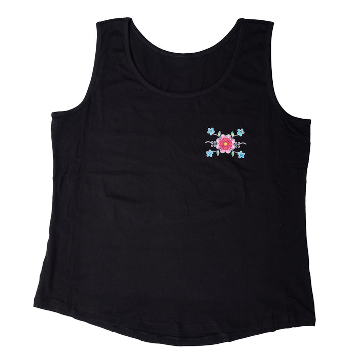 Black tank top with floral print on a white background