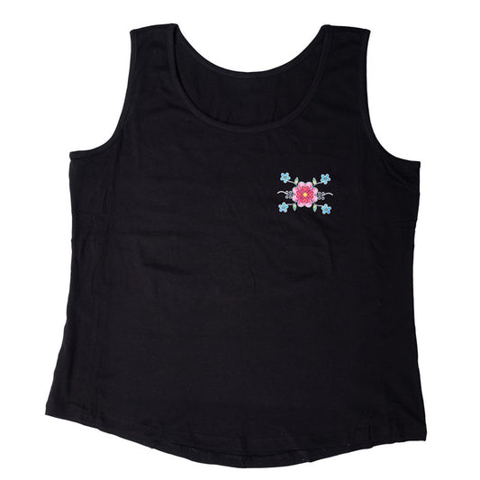 Black tank top with floral print on a white background