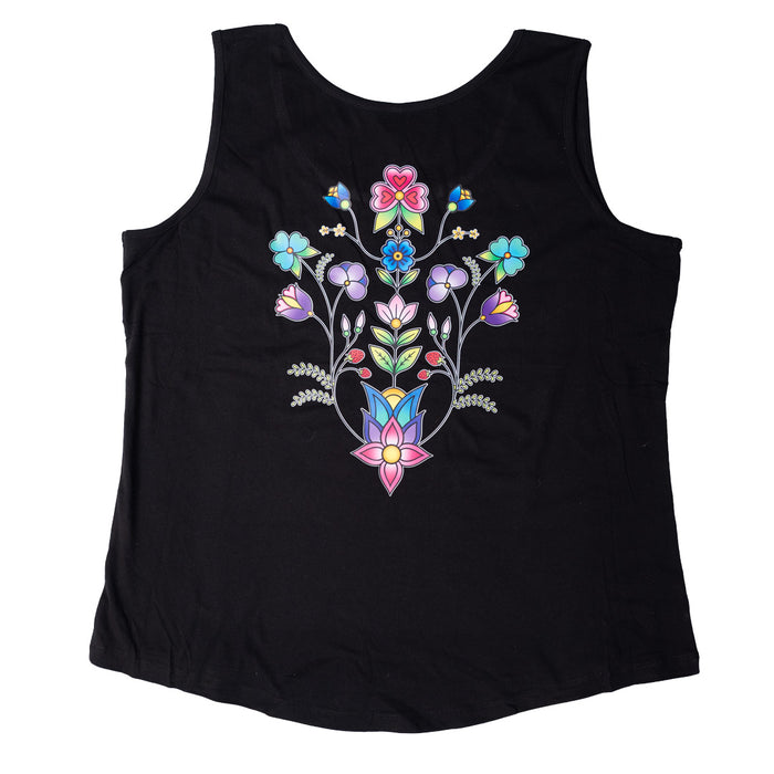 Black tank top with colorful floral design on a white background