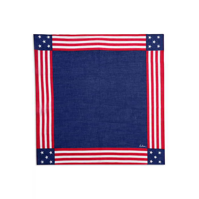 Navy blue bandana with red and white stripes and star patterns on a white background