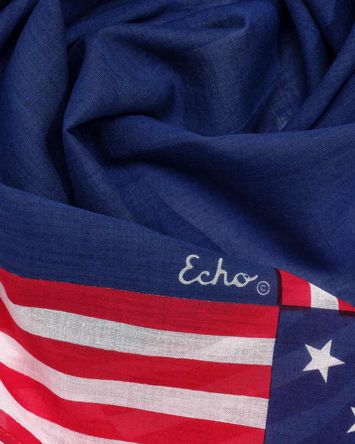 Close-up of a blue fabric with an American flag design and 'Echo' branding.