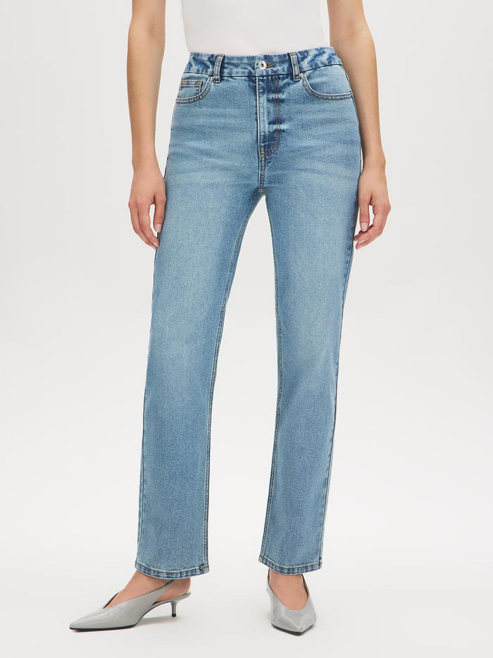 Medium Wash Basic Straight Leg Denim Pant - Front View - Suzy Shier