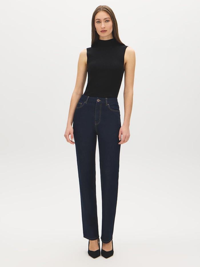 Medium Wash Basic Straight Leg Denim Pant - Woman Wearing Classic Five-Pocket Jeans - Suzy Shier
