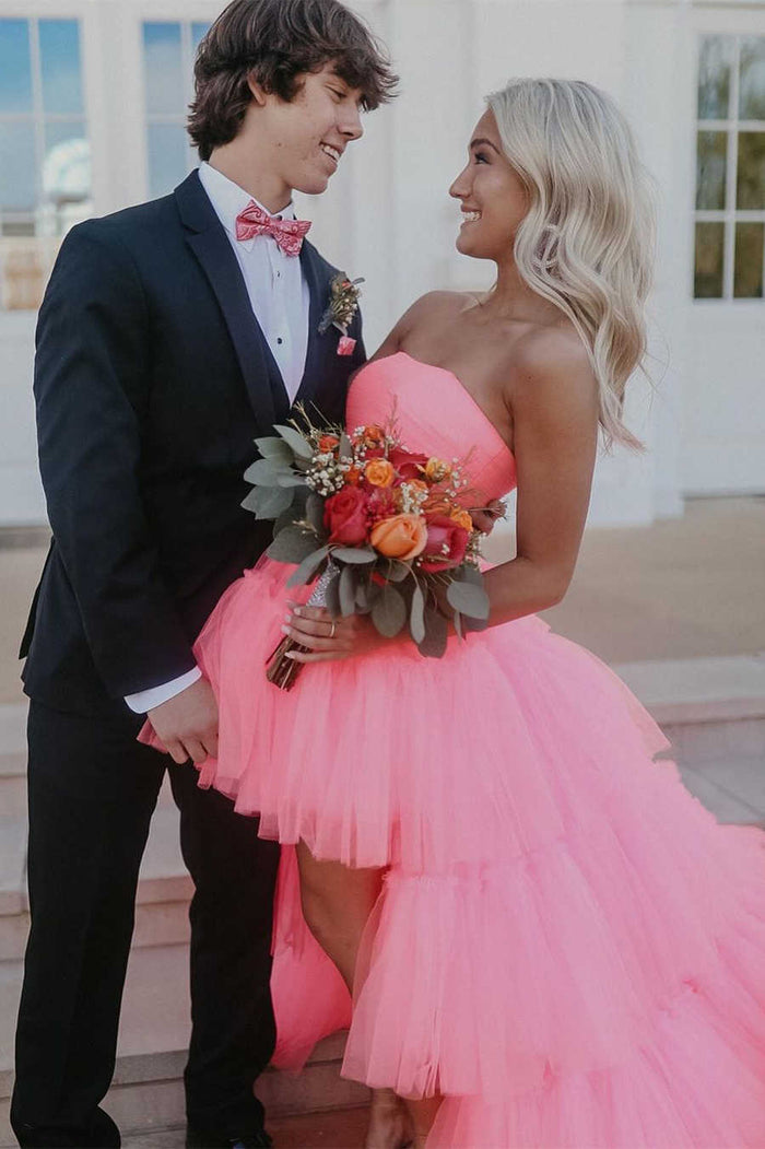 Strapless High Low Tiered Red Tulle Prom Dress