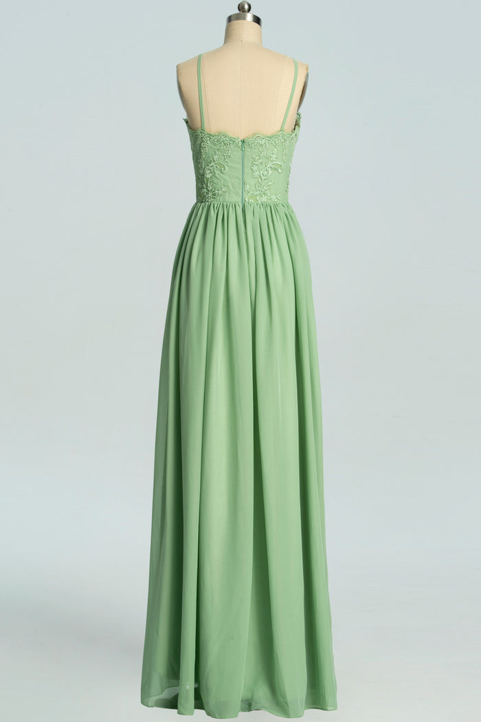 Straps Sage Green Chiffon Appliques Long Bridesmaid Dress
