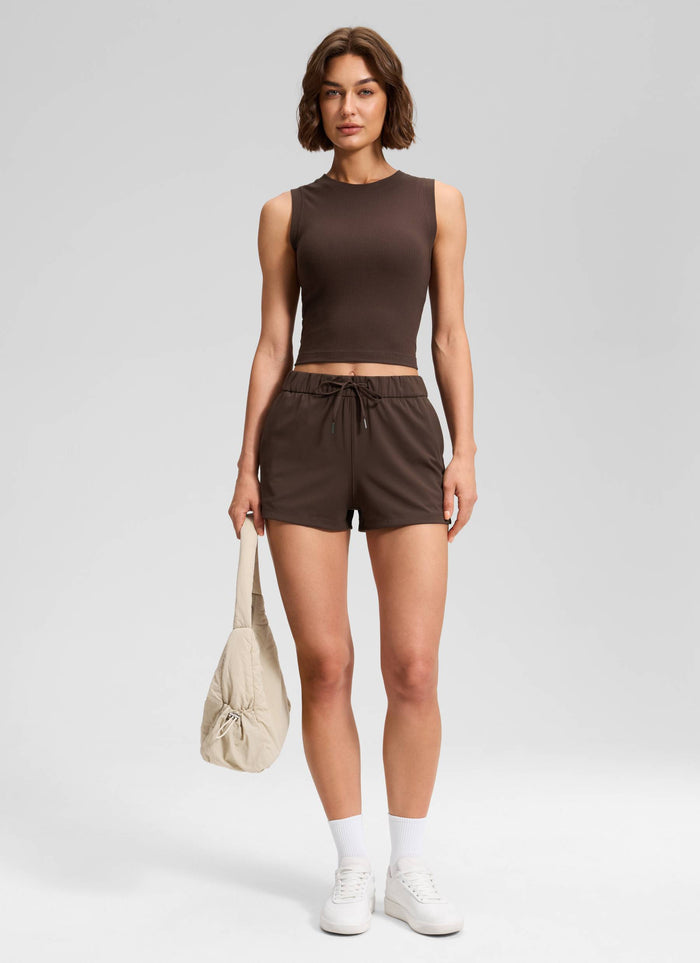 CRZ YOGA Women's Travel Stretch Mid-Rise Drawstring Shorts 2.5" Hot Fudge Brown