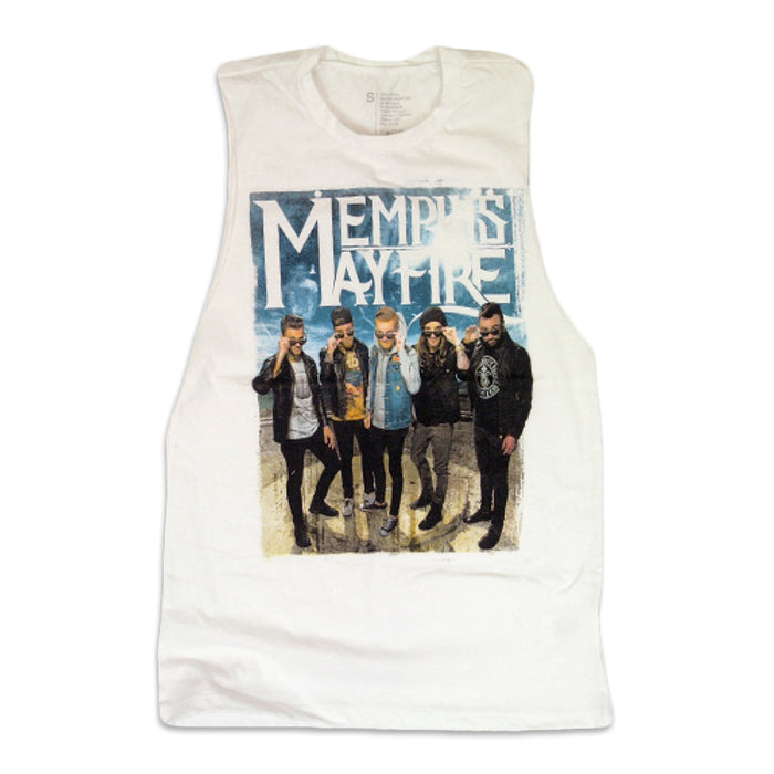 This white sleeveless shirt by Memphis May Fire features a graphic of five men posing together beneath the band’s large logo on the front.