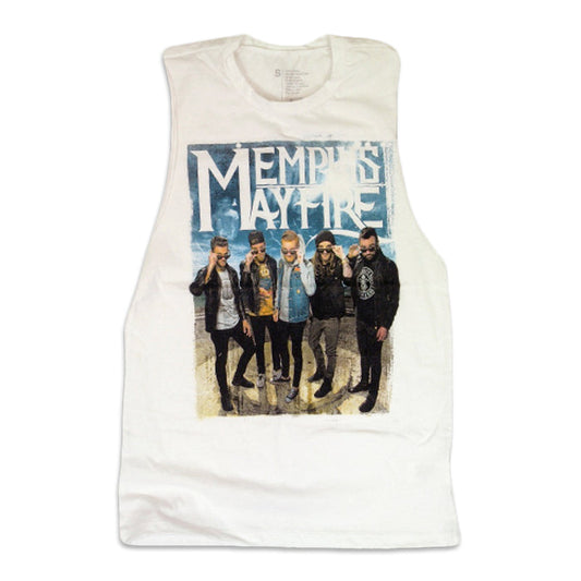 This white sleeveless shirt by Memphis May Fire features a graphic of five men posing together beneath the band’s large logo on the front.