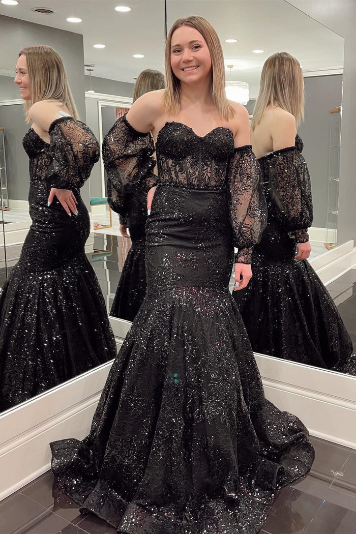 Sweetheart Black Appliques Mermaid Long Formal Dress