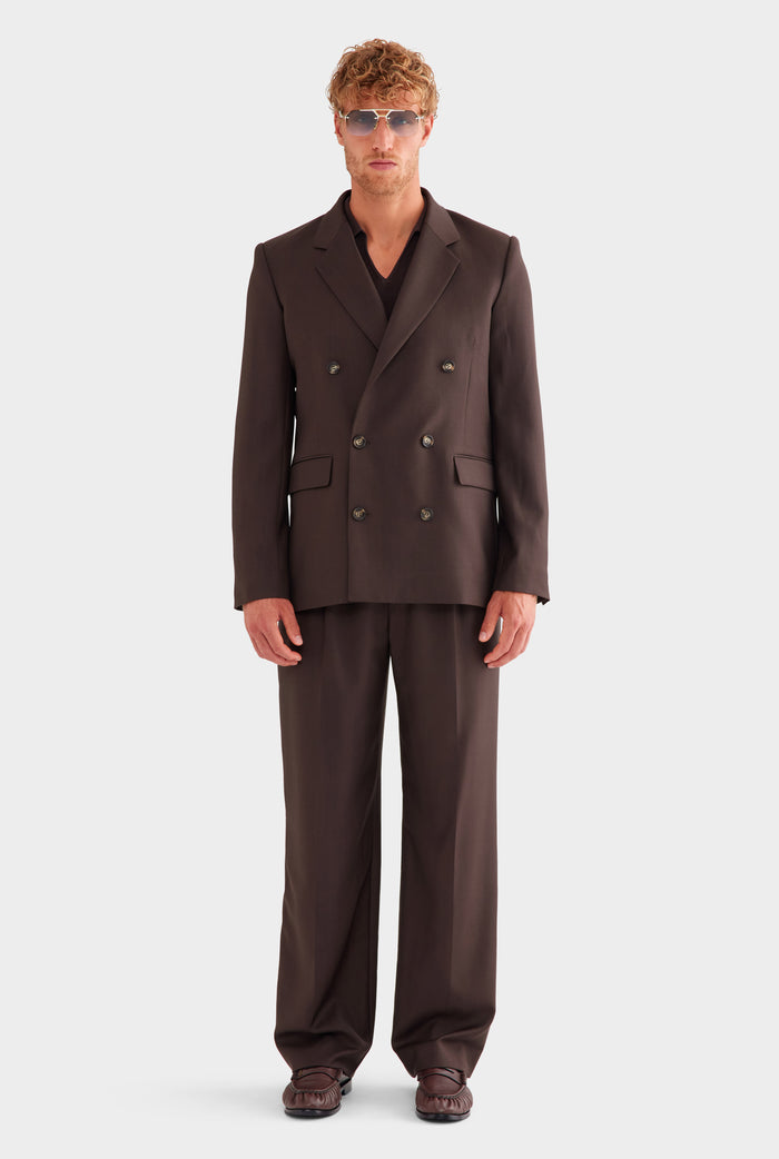 Tailored Wool Double Breasted Suit Jacket - Dark Chocolate