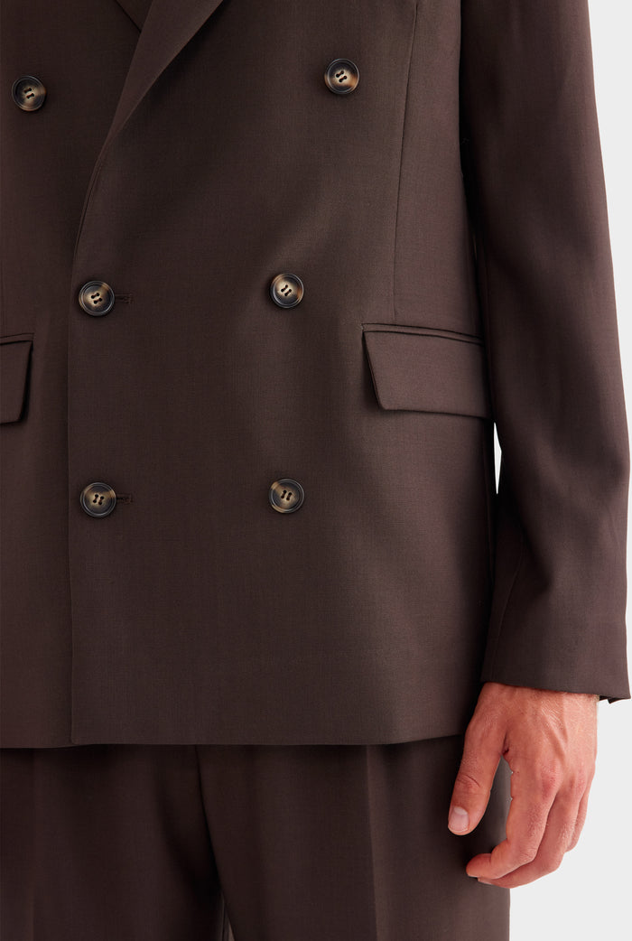 Tailored Wool Double Breasted Suit Jacket - Dark Chocolate