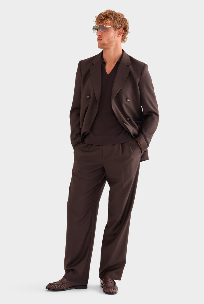 Tailored Wool Double Breasted Suit Jacket - Dark Chocolate