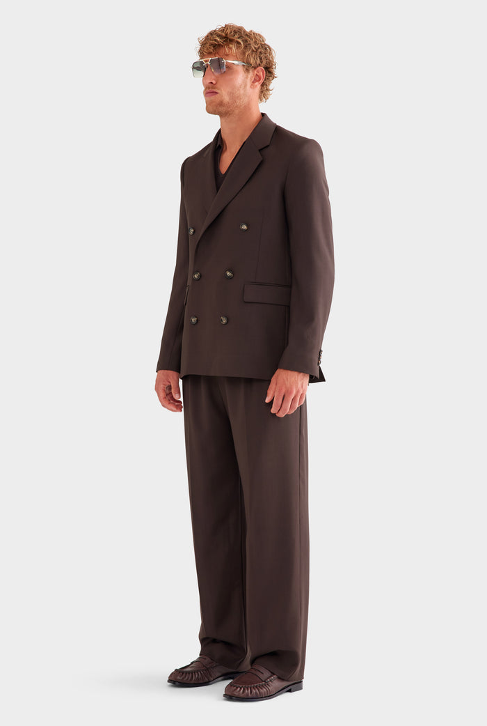 Tailored Wool Double Breasted Suit Jacket - Dark Chocolate
