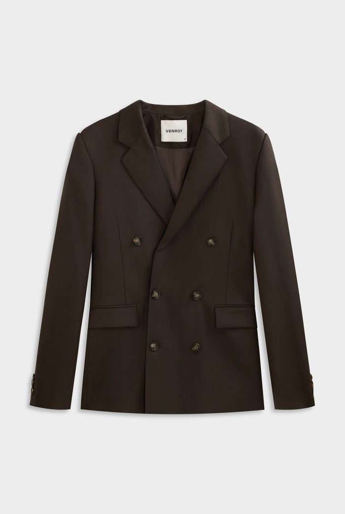 Tailored Wool Double Breasted Suit Jacket - Dark Chocolate