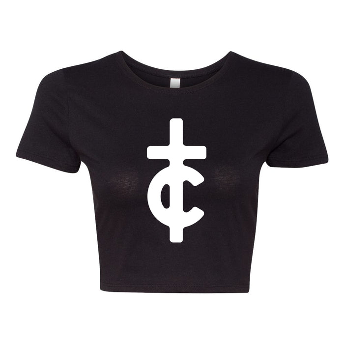 A black cropped T-shirt by Tyler Carter featuring a bold white symbol on the front that blends an inverted cross with the letter C.