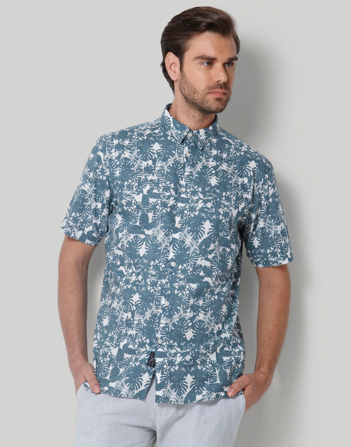 Teal Floral Print Short Sleeves Shirt