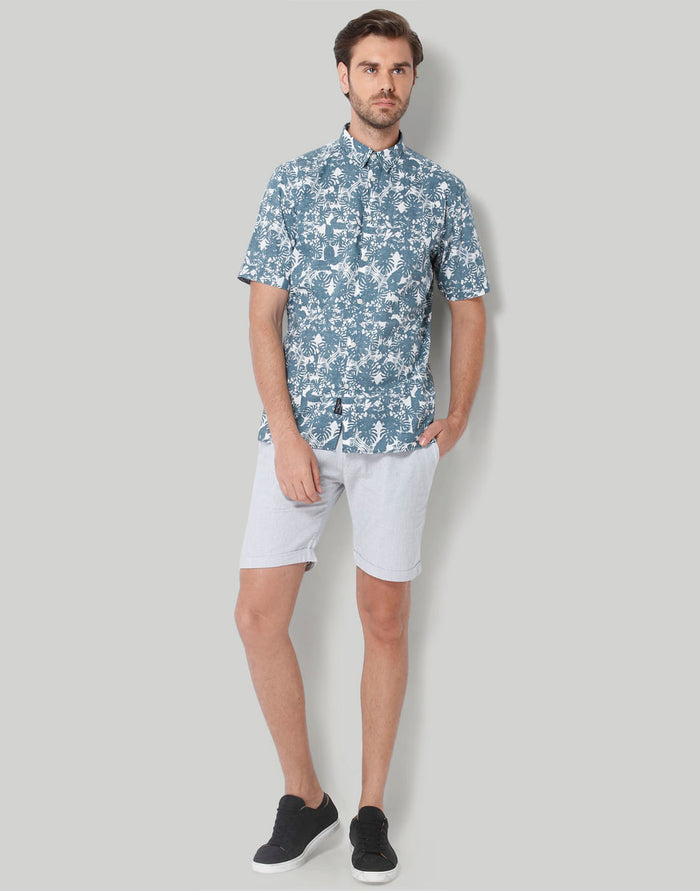 Teal Floral Print Short Sleeves Shirt