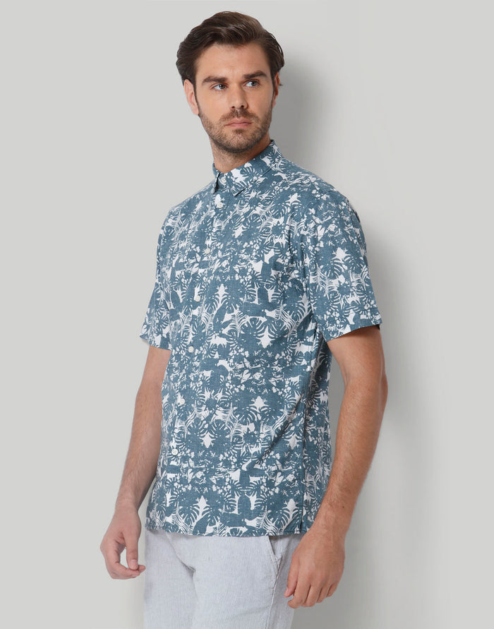 Teal Floral Print Short Sleeves Shirt