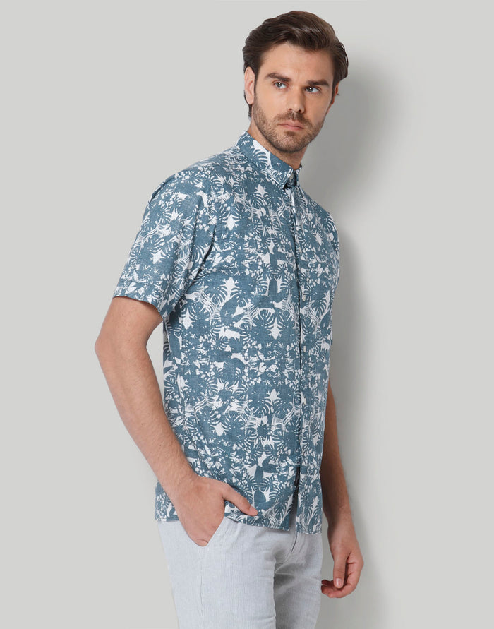 Teal Floral Print Short Sleeves Shirt