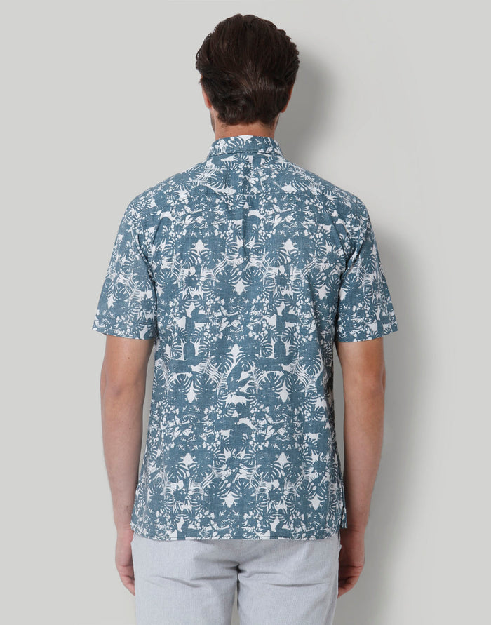 Teal Floral Print Short Sleeves Shirt