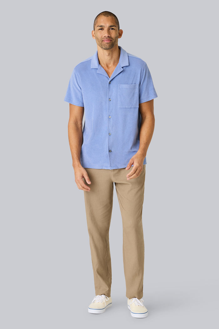 Full front view of a man wearing Terry Cloth Short Sleeve Button Up in Desert Spring