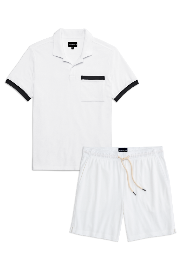 Front view of Terry Cloth Polo + Shorts Set  in Bright White