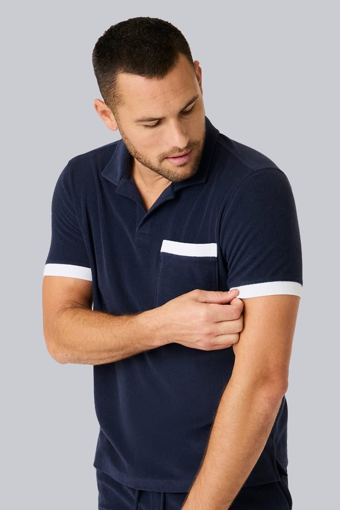 Sleeves of Terry Cloth Johnny Collar Polo in Night Sky