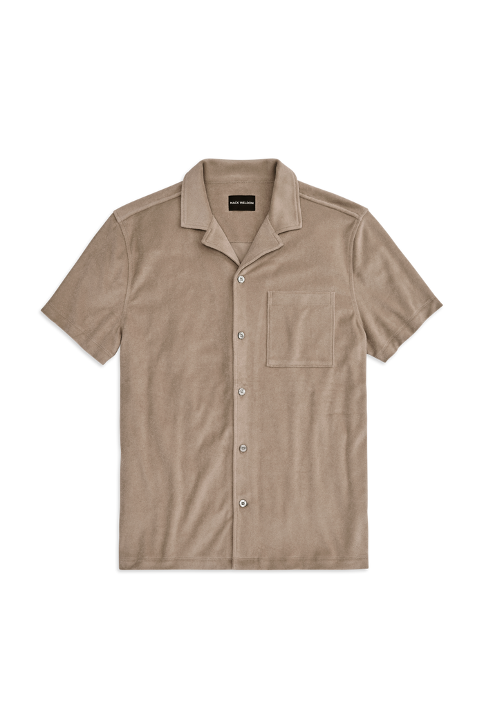 Front view of Terry Cloth Short Sleeve Button Up in Desert Taupe