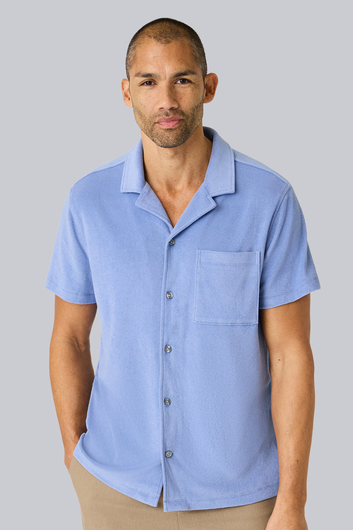 Front view of a man wearing Terry Cloth Short Sleeve Button Up in Desert Spring