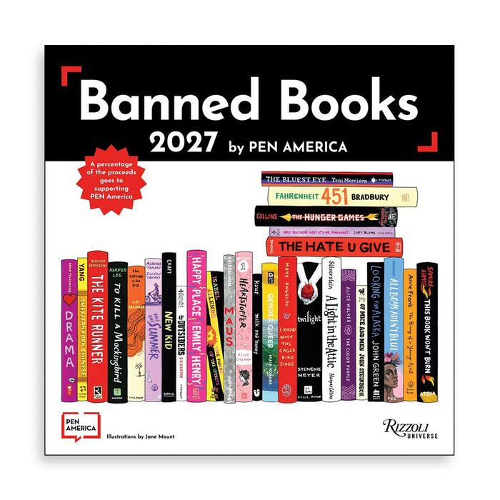 The front cover of the book 'Banned Books 2027 by PEN AMERICA' shows a black top band with white title text and a red starburst callout, above a row of colorful book spines on a white background. PEN AMERICA branding appears at the bottom left, and Rizzoli Publishers is printed at the bottom right.