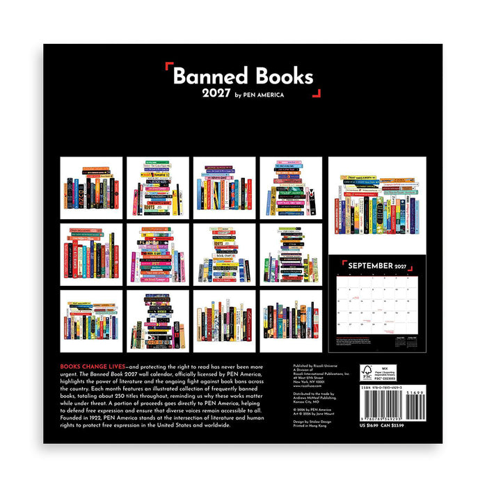 Back cover of the 'Banned Books 2027' wall calendar by Pen America, featuring a black background, multiple bookshelf illustrations, a September 2027 calendar page, and product text and barcode.