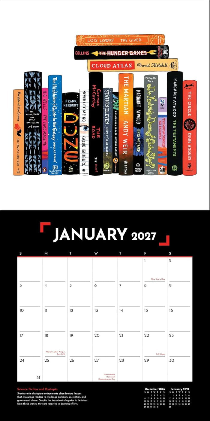 A collage-style print featuring multiple book spines across the top and a January 2027 calendar page below on a black background. Visible books include The Hunger Games, Cloud Atlas, The Godfather, The Martian, and The Great Gatsby.