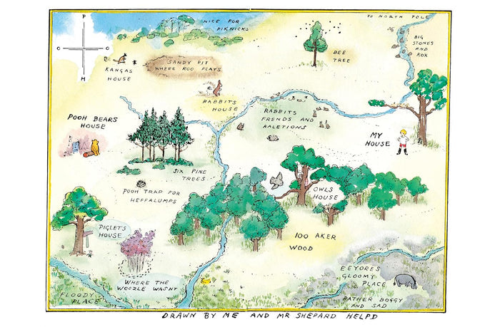 A whimsical illustrated map poster featuring cartoon animals, trees, and labeled places such as Pooh Bears House, Roo Cozy, and My House, with a small compass and the text 'Drawn by Me and Mr. Shepherd Helped' at the bottom.
