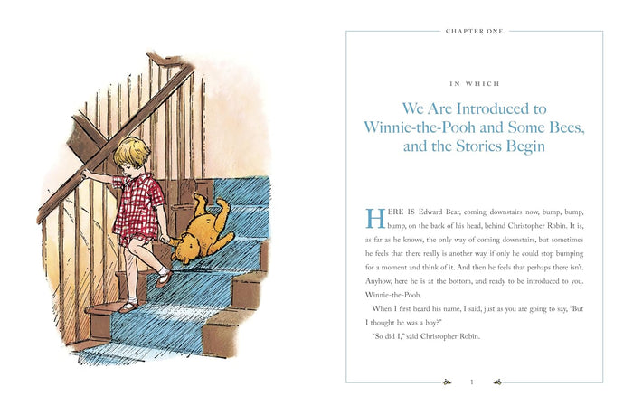 An open book spread showing "Chapter One: In Which We Are Introduced to Winnie-the-Pooh," accompanied by an illustration of Christopher Robin pulling Pooh downstairs by his paw.