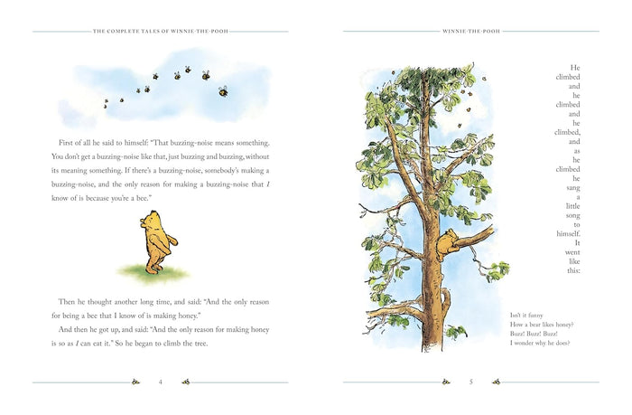 An open book spread from "Winnie-the-Pooh" showing illustrations of Pooh contemplating buzzing bees on the left page and climbing a tall tree on the right page.