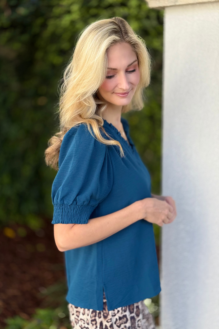 The Elsie Ruffle Neckline Top in Teal