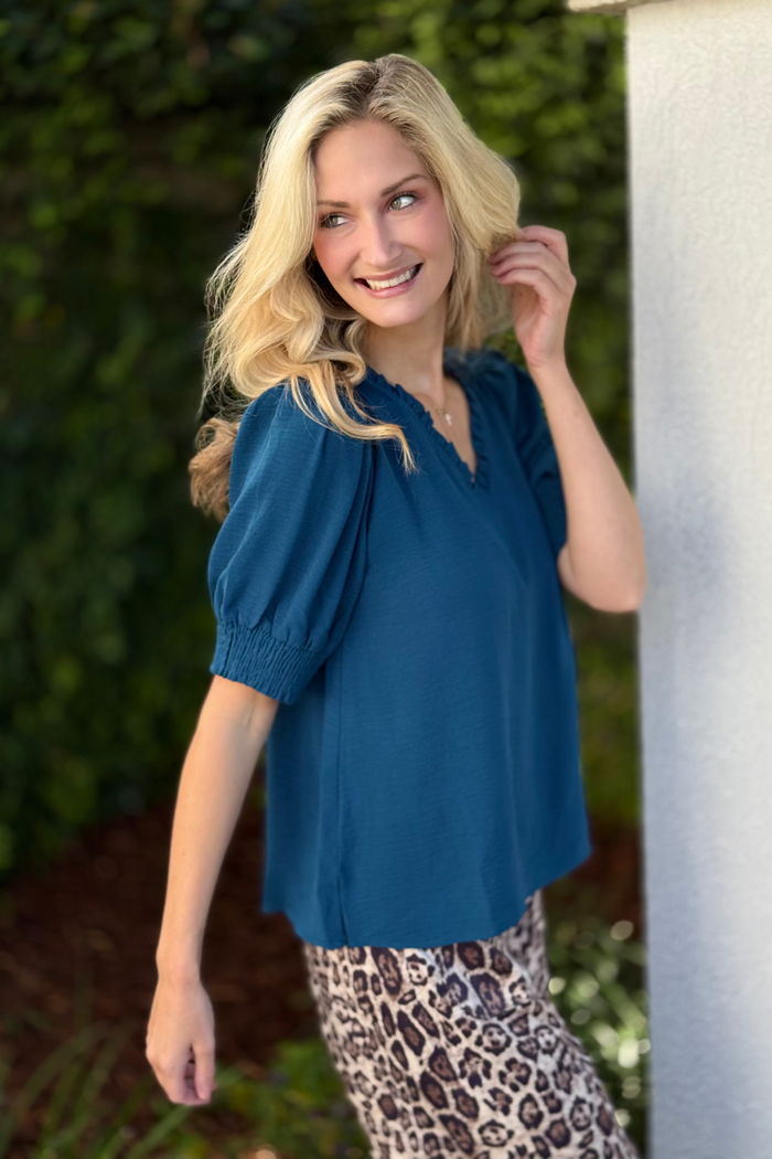 The Elsie Ruffle Neckline Top in Teal