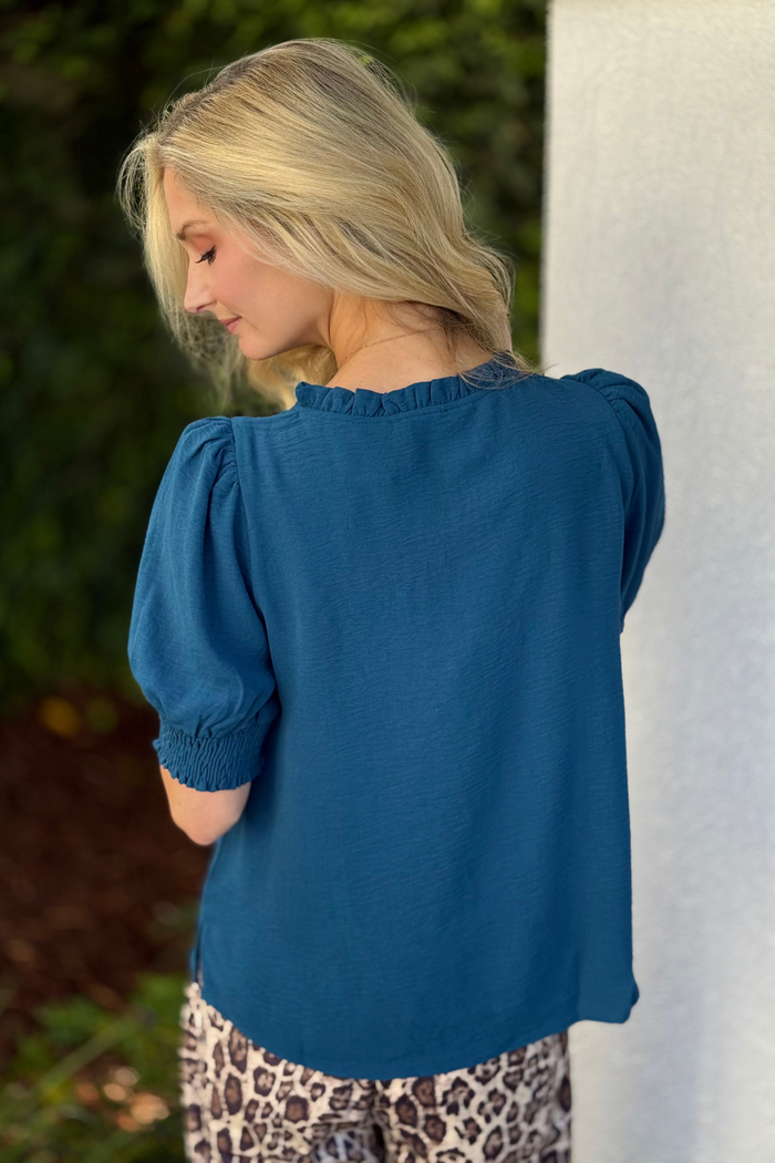 The Elsie Ruffle Neckline Top in Teal