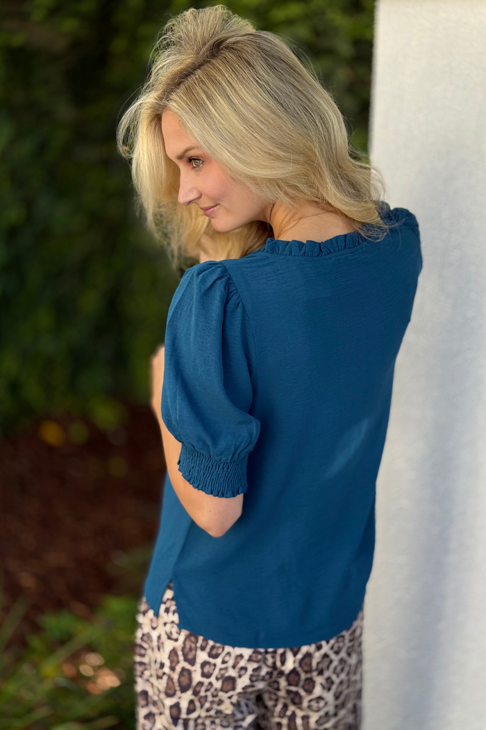 The Elsie Ruffle Neckline Top in Teal