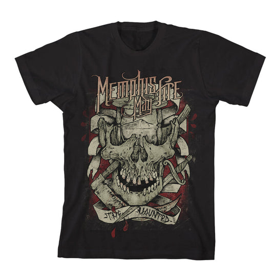 Memphis May Fire black t-shirt with a large ram skull graphic, prominent horns, red splatters, and bones. Features Memphis May Fire text above and a ribbon below saying The Haunted.