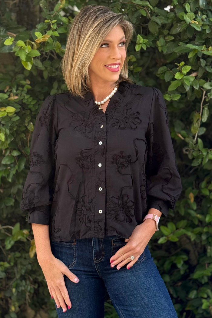 The Marlowe Textured Floral Button Top in Black
