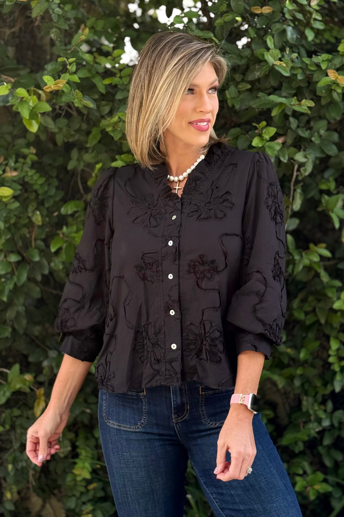 The Marlowe Textured Floral Button Top in Black