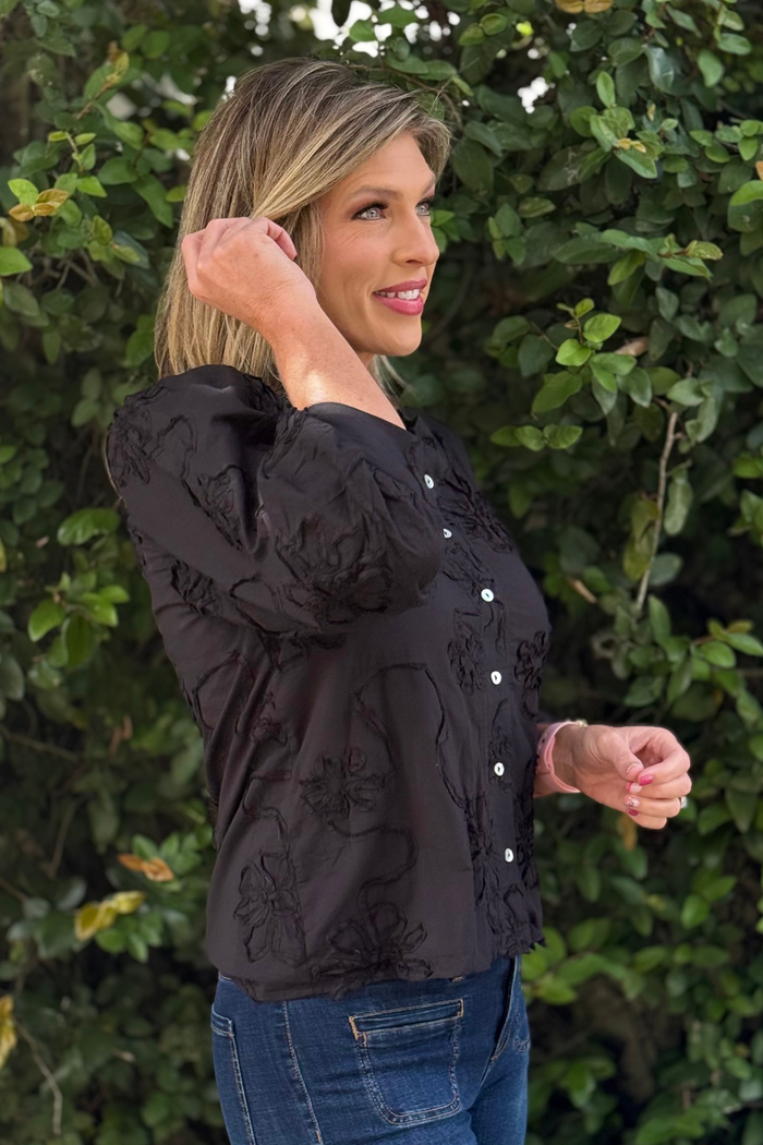 The Marlowe Textured Floral Button Top in Black