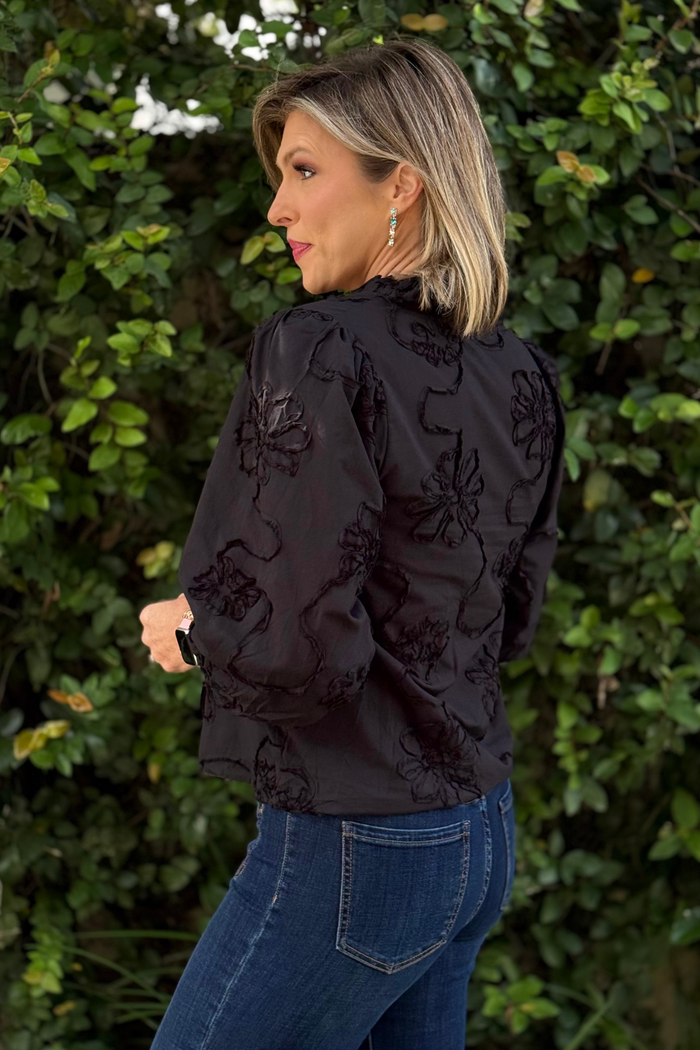 The Marlowe Textured Floral Button Top in Black
