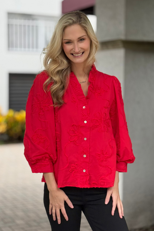 The Marlowe Textured Floral Button Top in Red