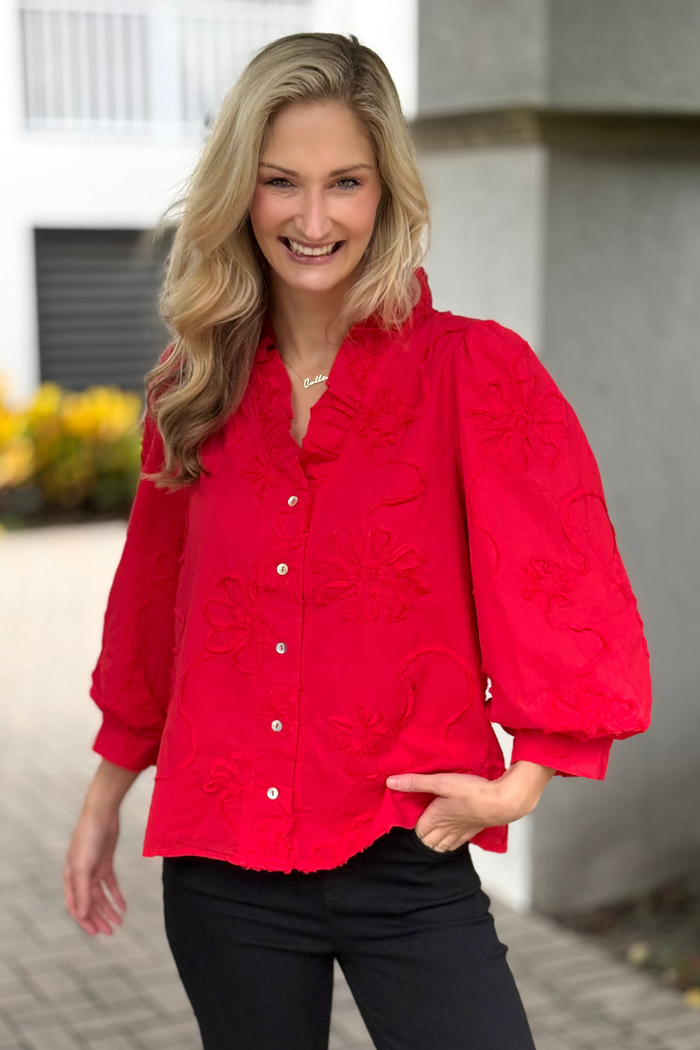 The Marlowe Textured Floral Button Top in Red