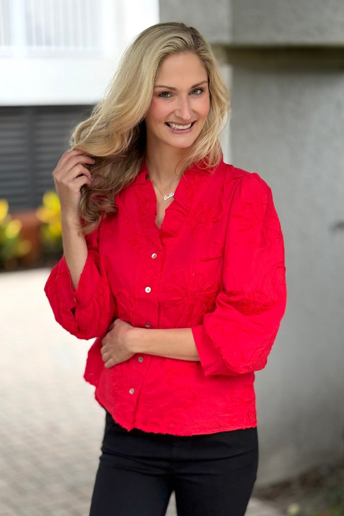 The Marlowe Textured Floral Button Top in Red
