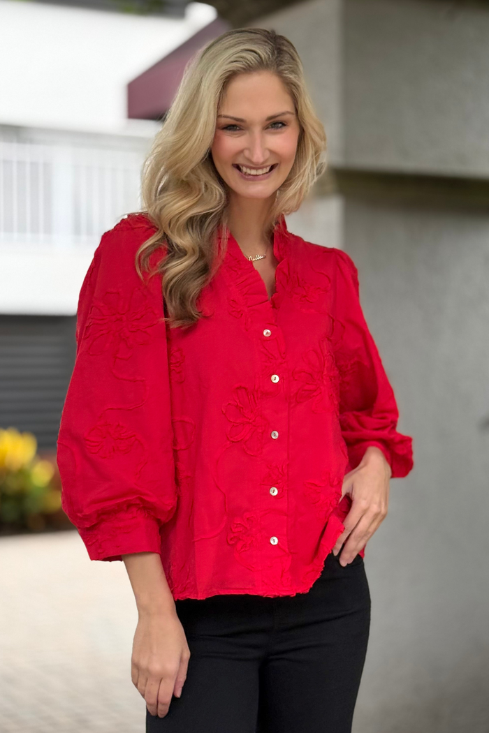 The Marlowe Textured Floral Button Top in Red