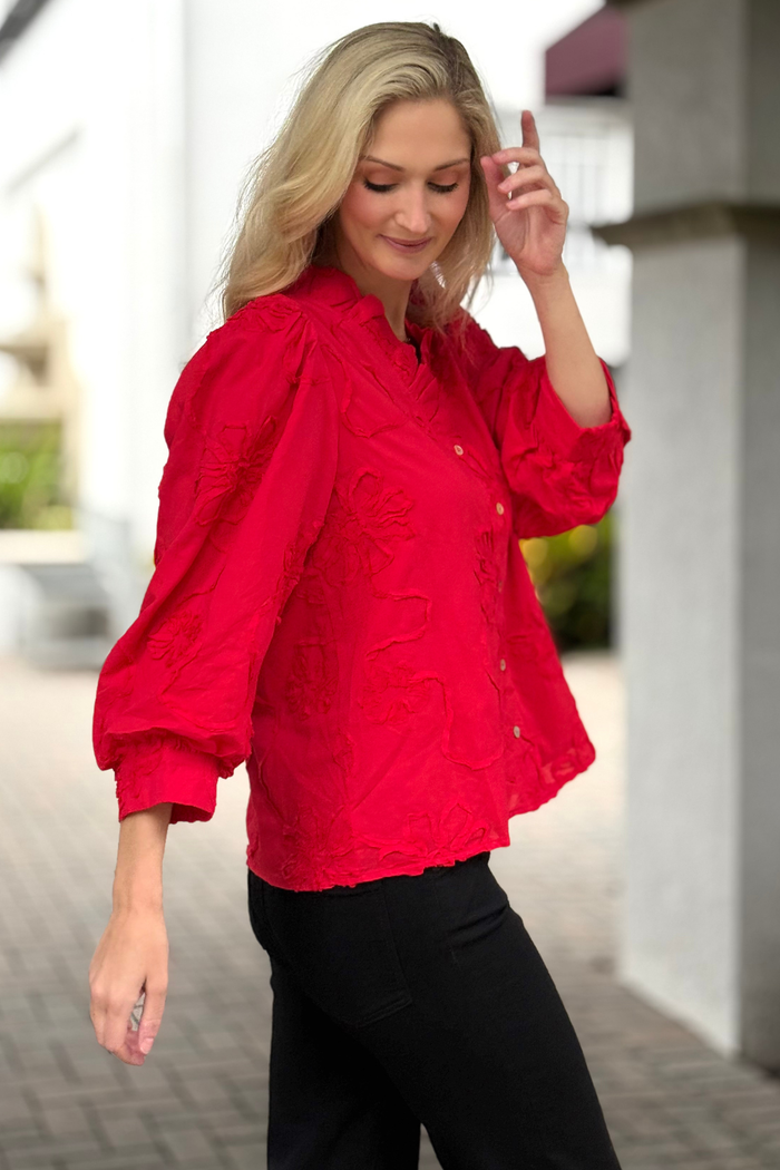 The Marlowe Textured Floral Button Top in Red