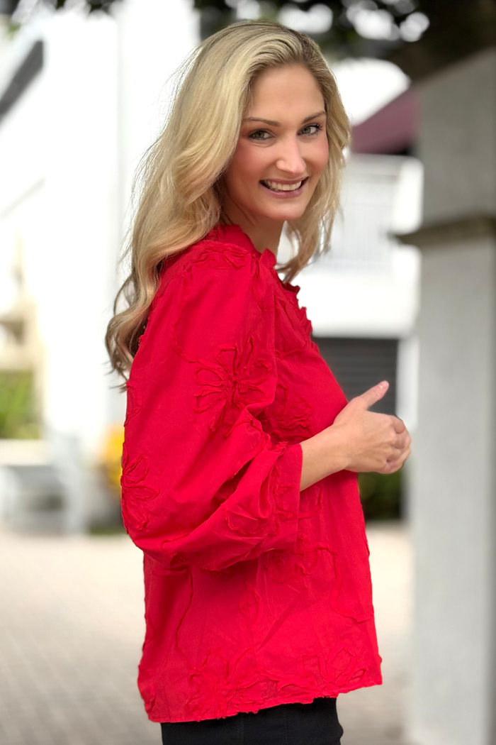 The Marlowe Textured Floral Button Top in Red